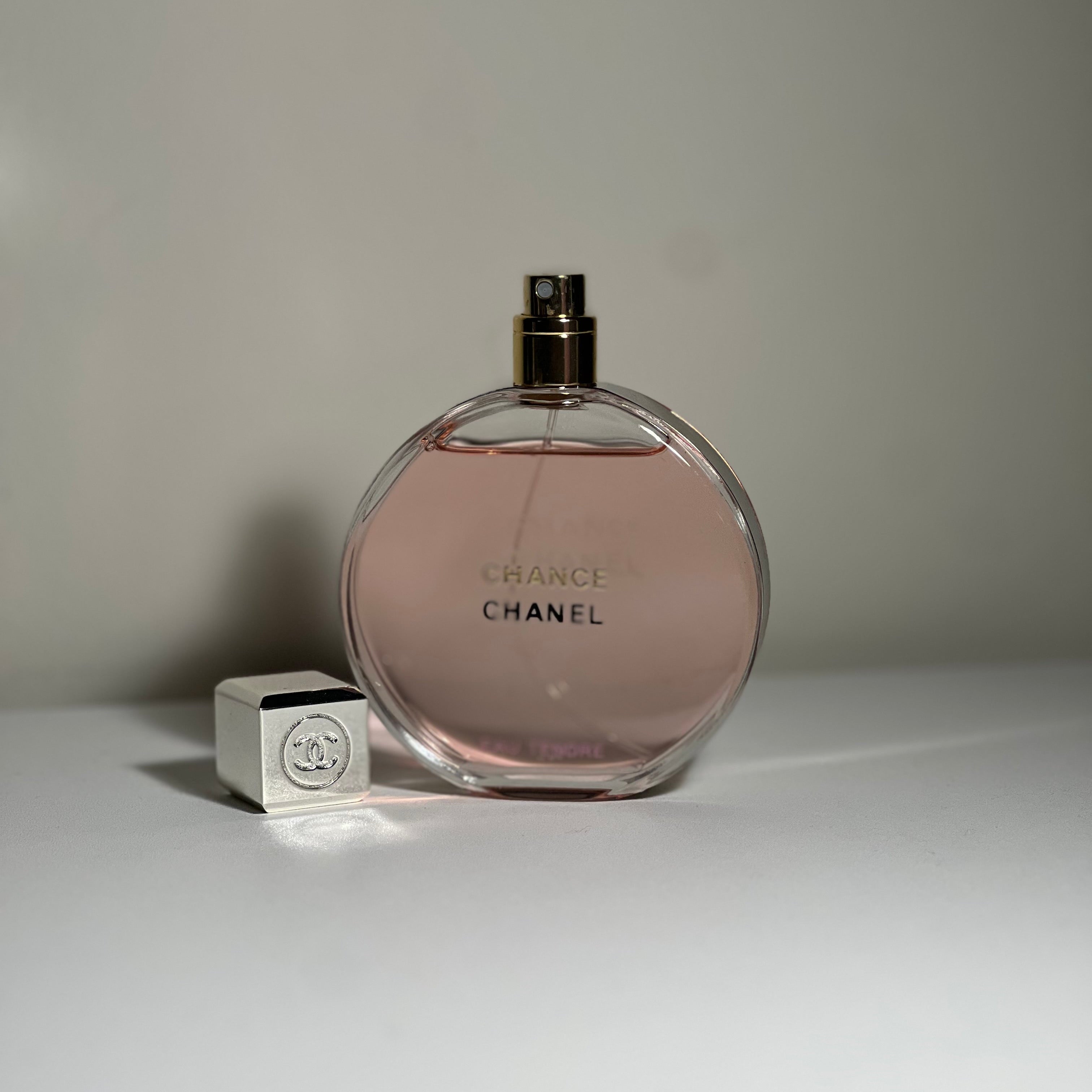 Chanel perfume bottle on a plain background
