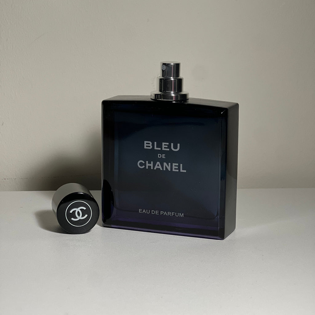 Bleu de Chanel perfume bottle on a white background