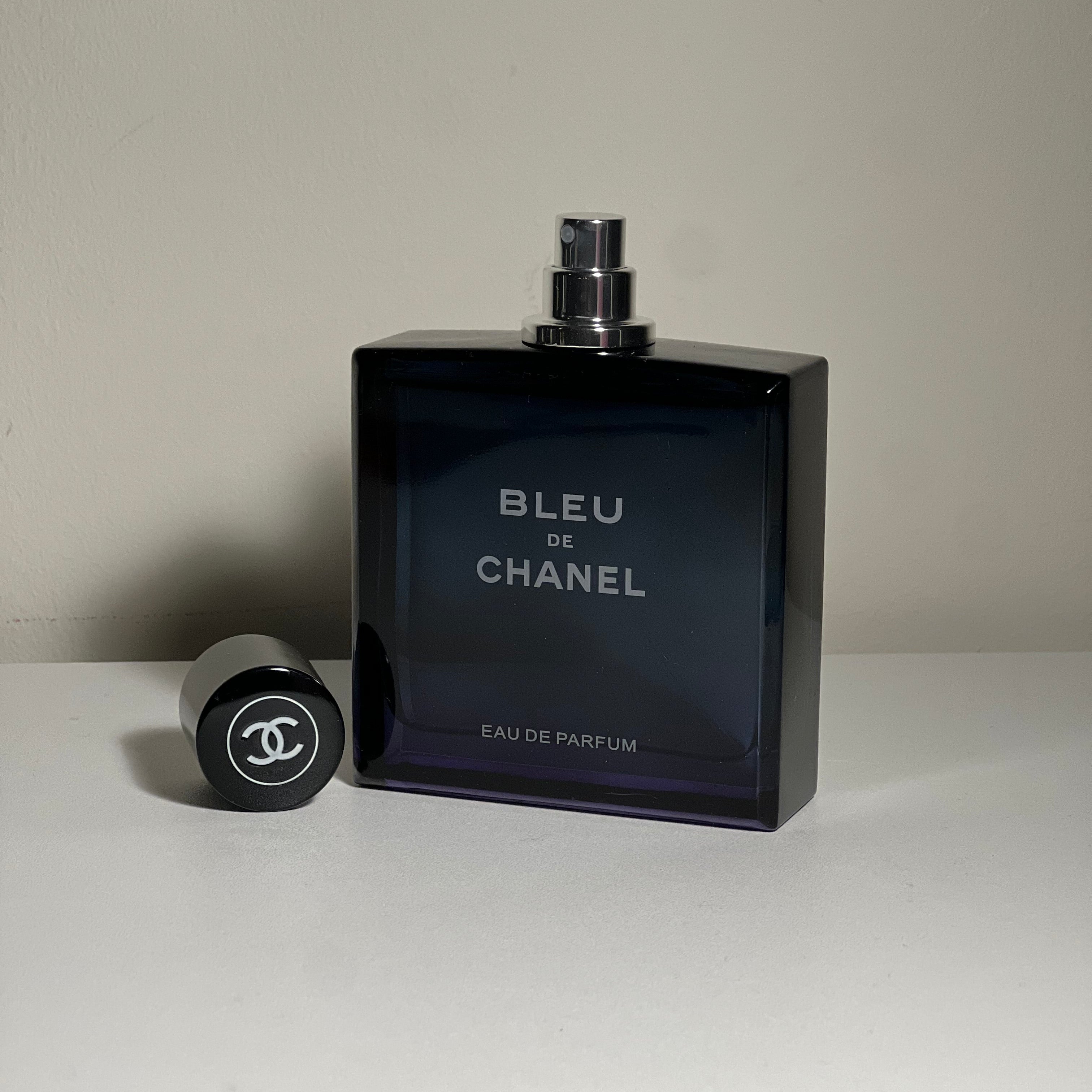 Bleu de Chanel perfume bottle on a white background